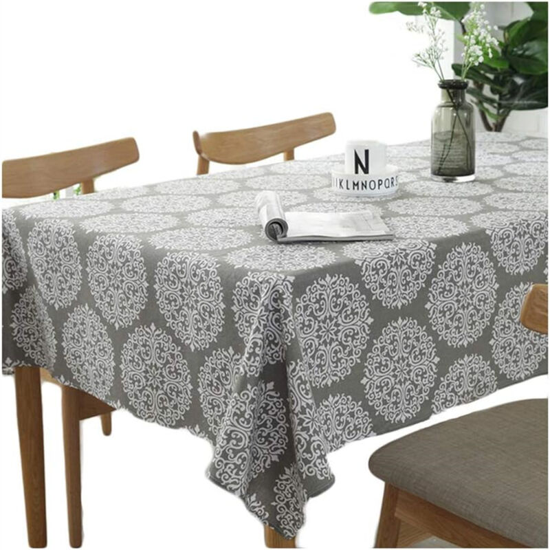 Nappe rectangulaire rétro en coton et lin – Motif floral gris – Bord roulé – 100 × 140 cm