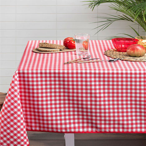 Nappe rectangulaire vichy rouge et blanc 145x240 cm – 100% polyester anti-tache – Finition biais rouge – Pour 8 à 10 convives