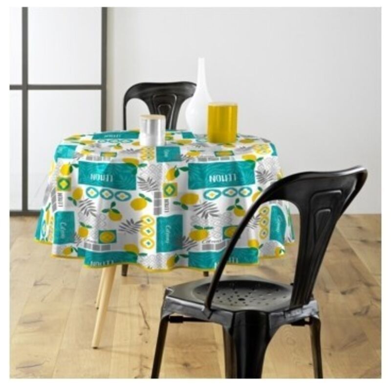Toile cirée ronde - Diamètre 160 cm - Citrons - Multicolore