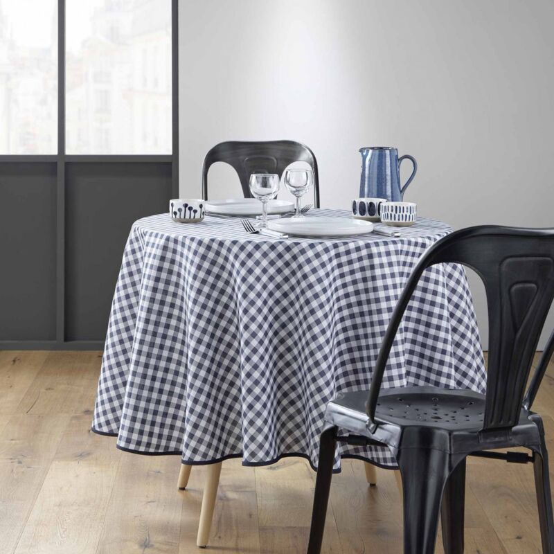 Douceur D'Intérieur – Nappe ronde infroissable vichy bleu antitache 180 x 180 cm – Polyester résistant aux taches – Pour 8 à 10 couverts – Lavable à