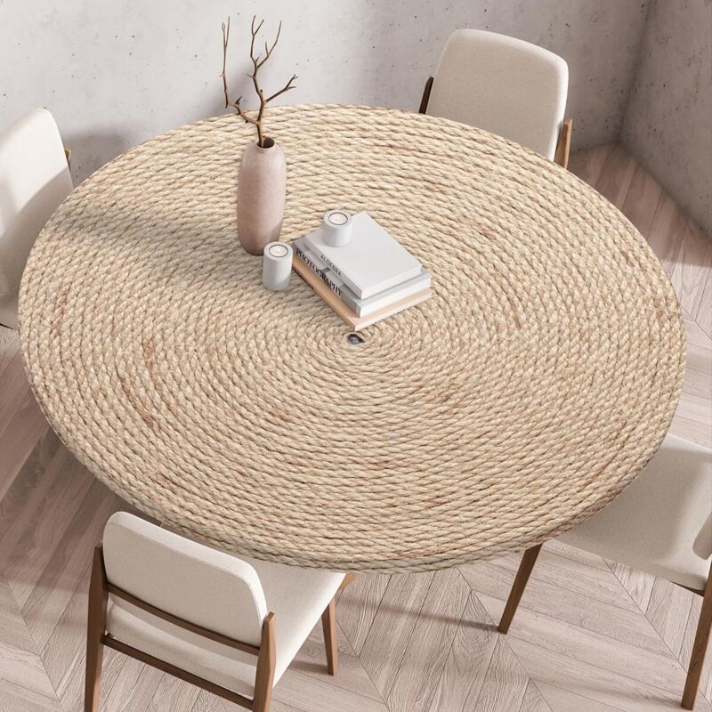 Nappe ronde 120 cm – Bord élastique – Imperméable et anti-tache – Lavable – Motif 3D grain de bois – Pour tables 110-115 cm