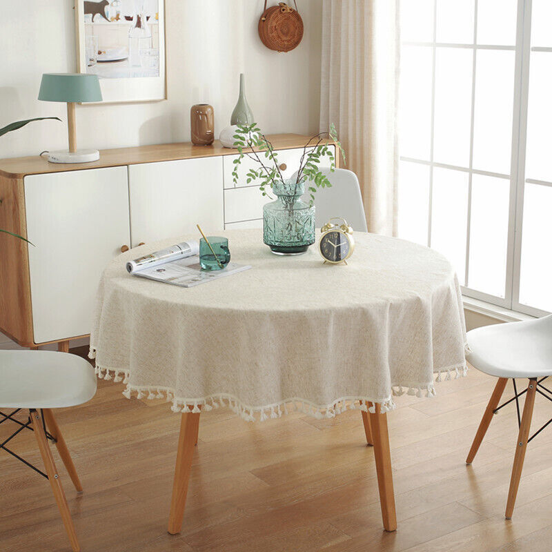Nappe Ronde 120 cm en Lin & Coton Couverture de Table Anti-Tache Lavable avec Glands pour Anniversaire, Mariage, Salle à Manger, Table Basse