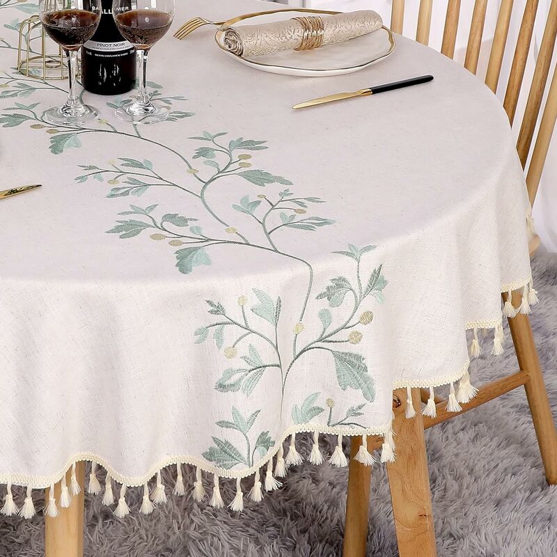 nappe ronde 140 cm en lin & coton anti-tache lavable beige couverture de table avec feuilles vertes brodées, glands pour anniversaire, mariage, salle