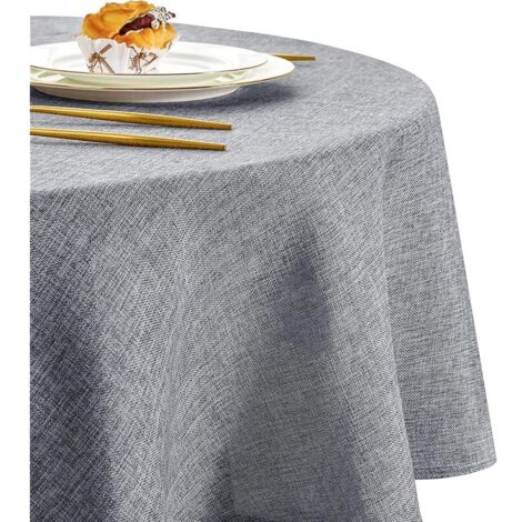 Nappe Ronde Anti Tache Effet Lin Tissu Lavable et Imperméable, Gris, 140 cm Rond, Nappe Anniversaire Facile à Laver et Repasser, Nappe pour Salle à Manger, Jardin en Plein Air Jardin, Fête