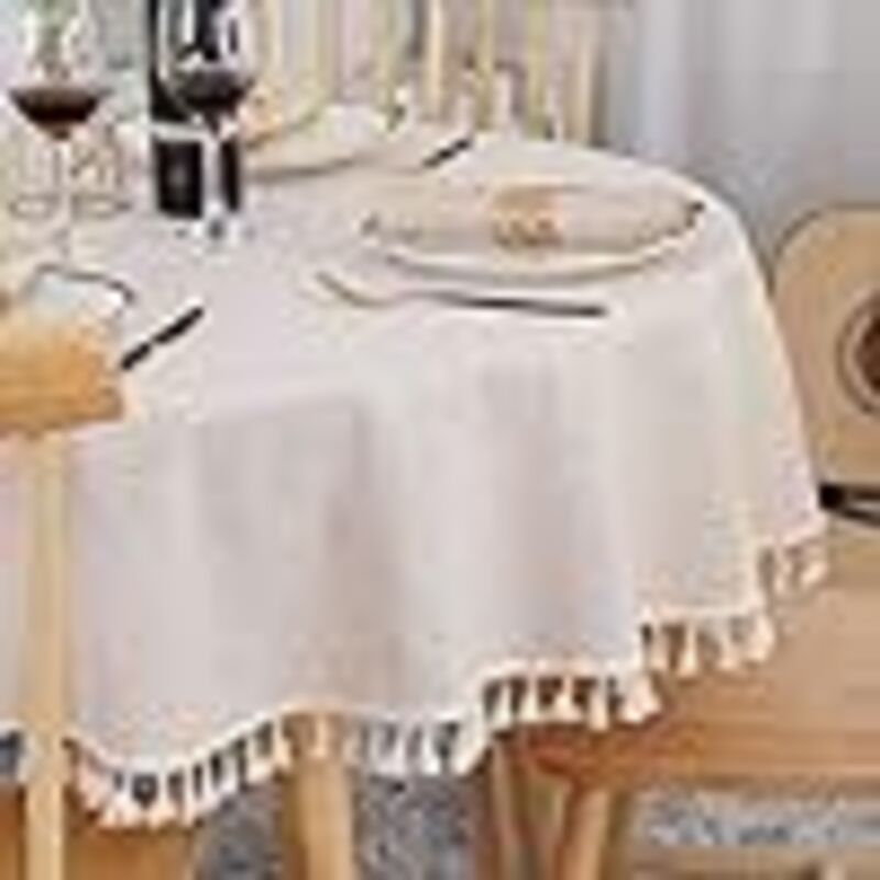 RHG Nappe Ronde Anti Tache en Cotton Lin Beige, Nappe de Table Linge de Table Lavable avec Franges, Nappes Circulaires pour Table à Manger Cuisine,
