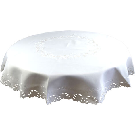 Nappe ronde blanche brodée, diamètre 160 cm