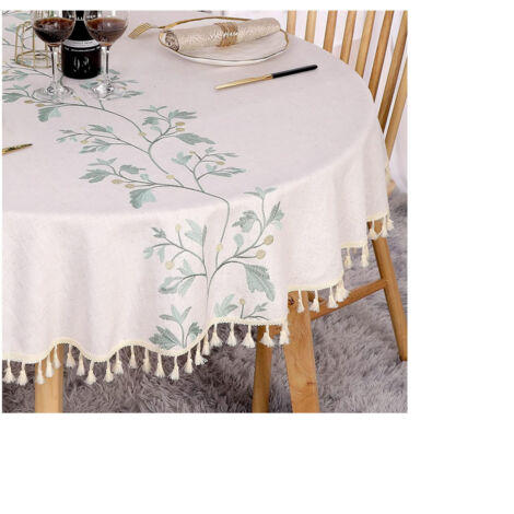 Nappe ronde en coton et lin bleu à motifs fleurs porte-bonheur diamètre 140 cm pour table de cuisine