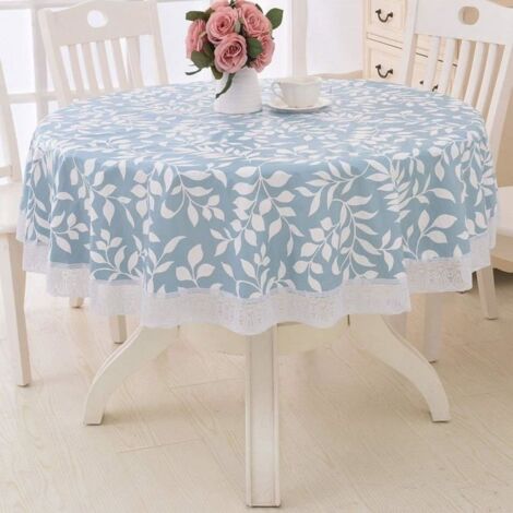 Nappe ronde en dentelle imperméable en plastique PVC lavable et résistante à l'huile pour cuisine et barbecue Feuille bleue 60 pouc