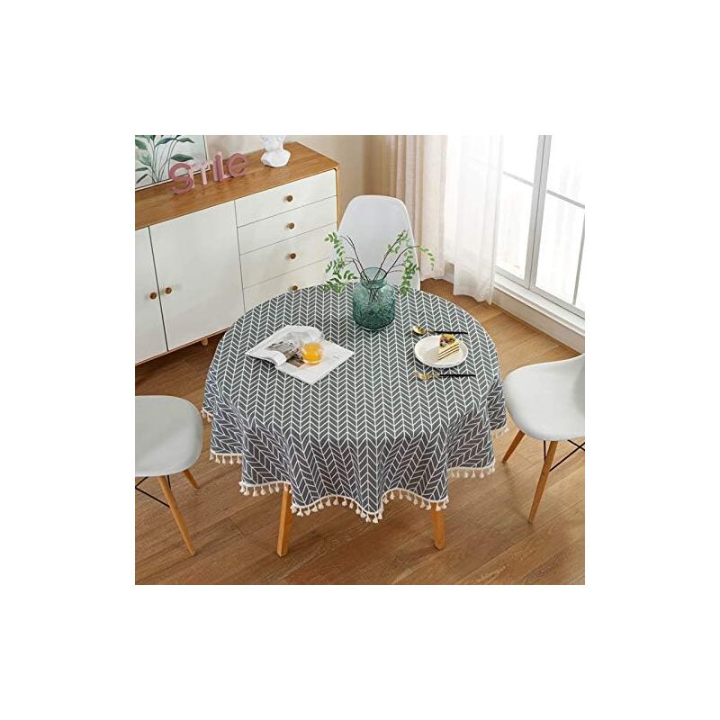 Fei Yu - Nappe ronde en tissu uni coton et lin, pompon