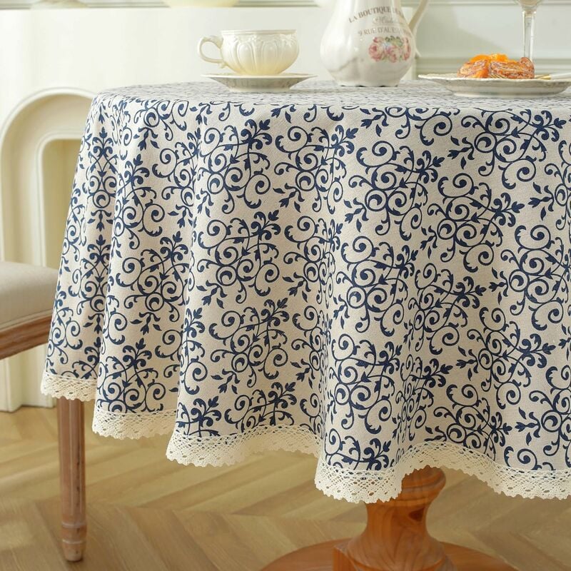 Nappe ronde florale avec bordure en dentelle, nappe lavable en tissu de lin vintage, nappe à motif brocart bleu (bleu, diamètre rond 48 pouces)