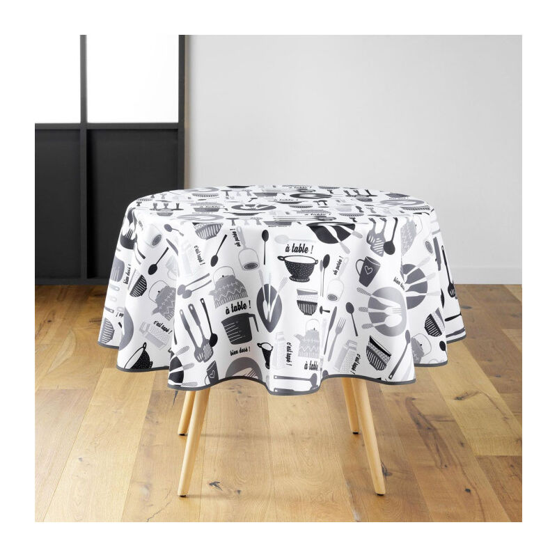 Nappe Ronde Imprimé 'Kitchen' 180cm Blanc & Noir