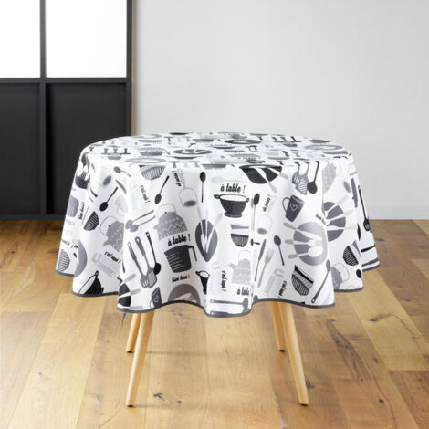 Nappe Ronde Imprimé "Kitchen" 180cm Blanc & Noir