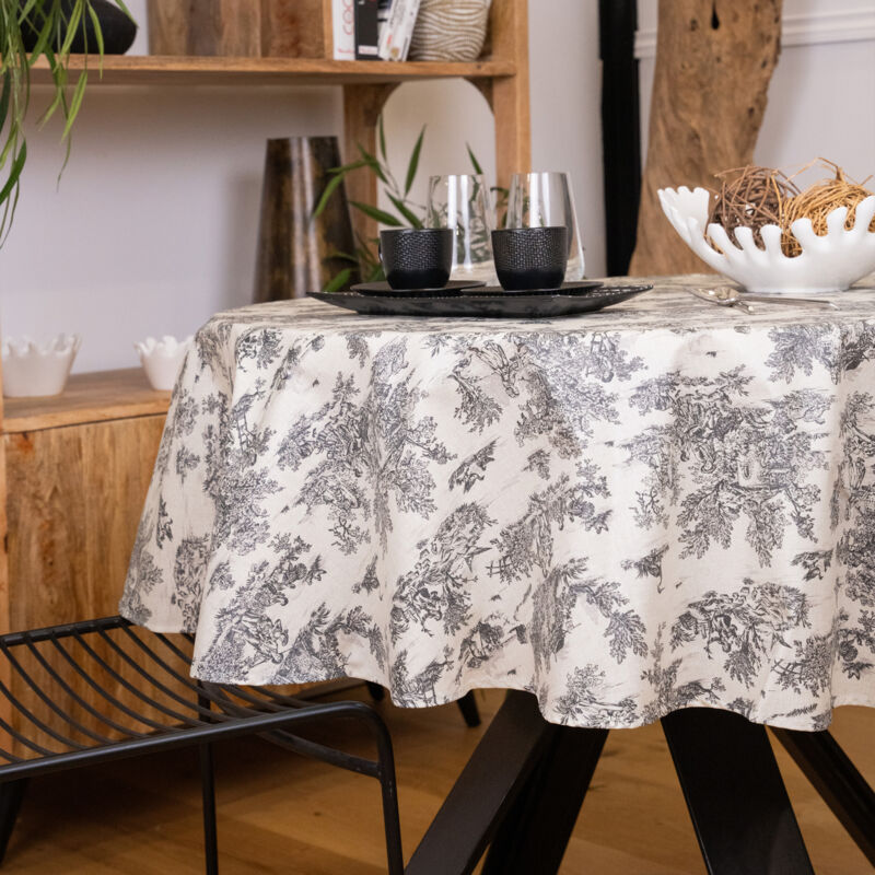 Nappe ronde toile de Jouy plastifiée Gris Foncé 150x150 cm