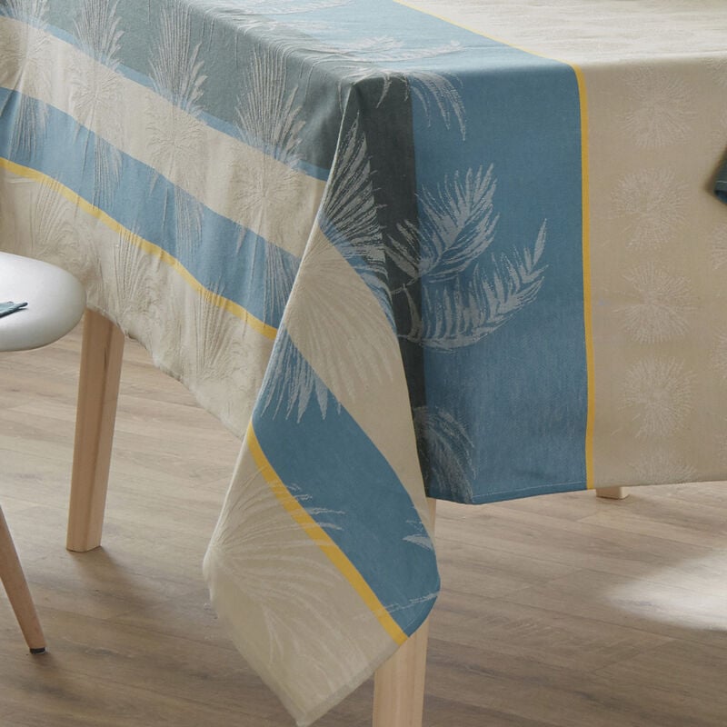 Tradilinge - Nappe ronde tropicale à jacquard enduit Bleu azur Diam. 170 cm