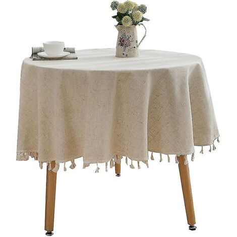 Nappe ronde unie à pompons en coton et lin, idéale pour la cuisine, la salle à manger ou un style champêtre.
