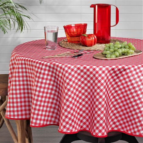 Nappe ronde vichy rouge et blanc Ø 160 cm – Anti-tache et infroissable – Pour 6 à 8 personnes – Nettoyage facile avec éponge