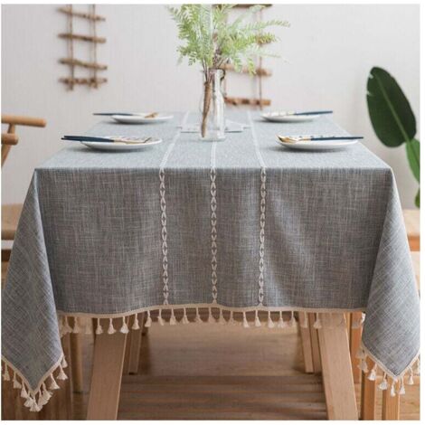 Nappe Rustique à Carreaux à Franges Nappe Coton Lin Anti-Rides pour Tables Rectangulaires 140x180cm (Gris)