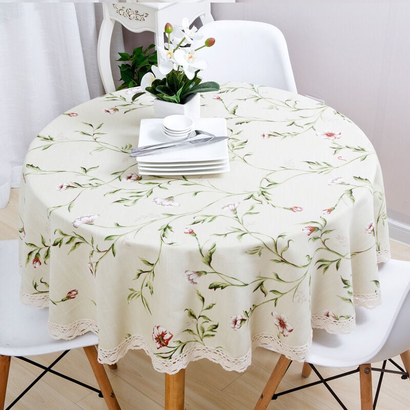 Fitags - Nappe Table Ronde 100cm Nappe Abricot à Fleurs De Jardin en Coton Et Lin RéSistant Aux Taches Lavable RéUtilisable,(DentelleBord)