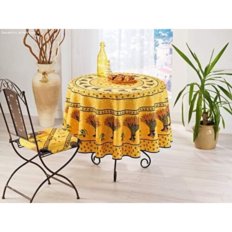 Nappe Provençale Ronde Anti-Tâches Bouquet De Blé 100% Polyester - jaune