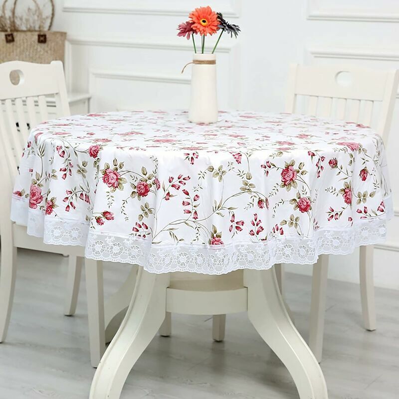 Nappe Toile cirée PVC Ronde, avec Motif Floral et Dentelle, Nappe Ronde Anti Tache Impermeable Nappe de Table Toile Cirée de S
