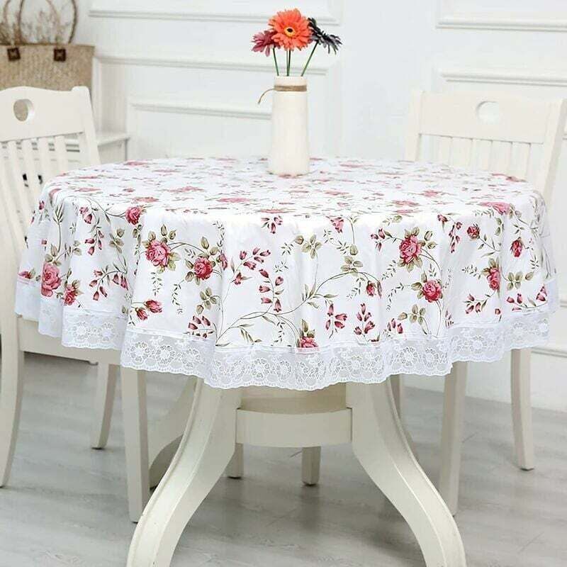 Nappe Toile cirée PVC Ronde, avec Motif Floral et Dentelle, Nappe Ronde Anti Tache Impermeable Nappe de Table Toile Cirée de Salle à Manger, pour