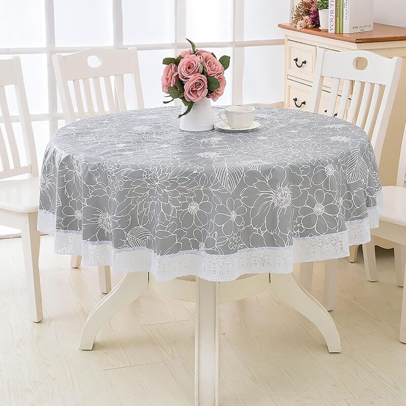 Nappe Toile cirée PVC Ronde, avec Motif Floral et Dentelle, Nappe Ronde Anti Tache Impermeable Nappe de Table Toile Cirée de Salle à Manger, pour