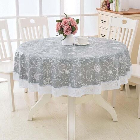Nappe Toile cirée PVC Ronde,avec Motif Floral et Dentelle,Nappe Ronde Anti Tache Impermeable Nappe de Table Toile Cirée de Salle à Manger,pour Salle à Manger,Jardin,Café,Fête (Gris,180cm)