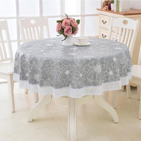 Nappe Toile cirée PVC Ronde,avec Motif Floral et Dentelle,Nappe Ronde Anti Tache Impermeable Nappe de Table Toile Cirée de Salle à Manger,pour Salle à Manger,Jardin,Café,Fête (Gris,220cm)