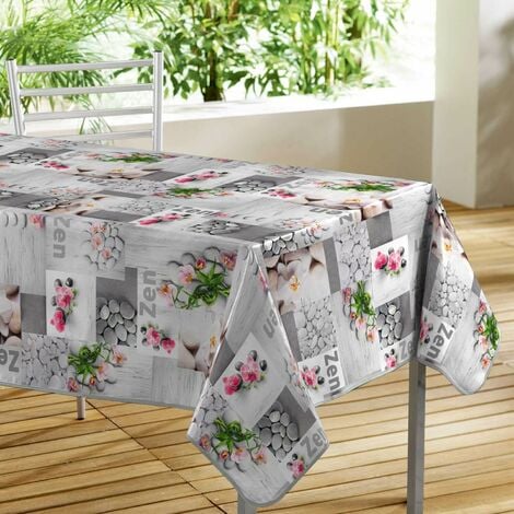 BRICOLINE Nappe toile cirée rectangulaire - 140 x 300 cm - Zen, galets et orchidées