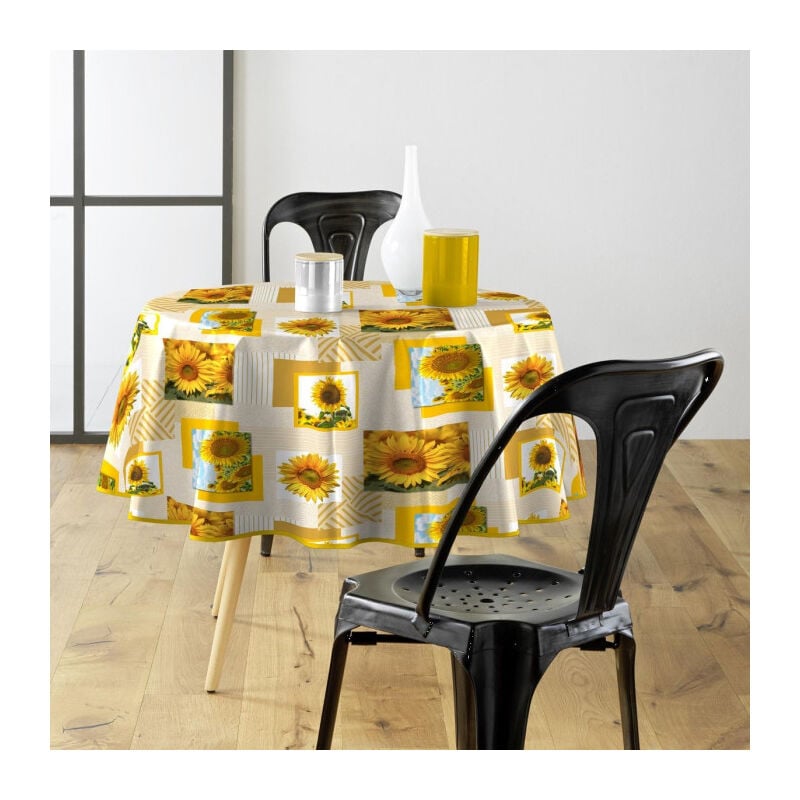 Paris Prix - Nappe Toile Cirée Ronde 'Sunflower' 160cm Jaune