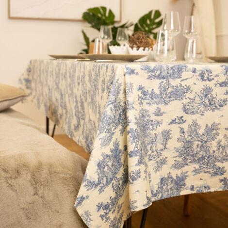 Nappe toile de Jouy rectangulaire plastifiée Bleu 250x150 cm