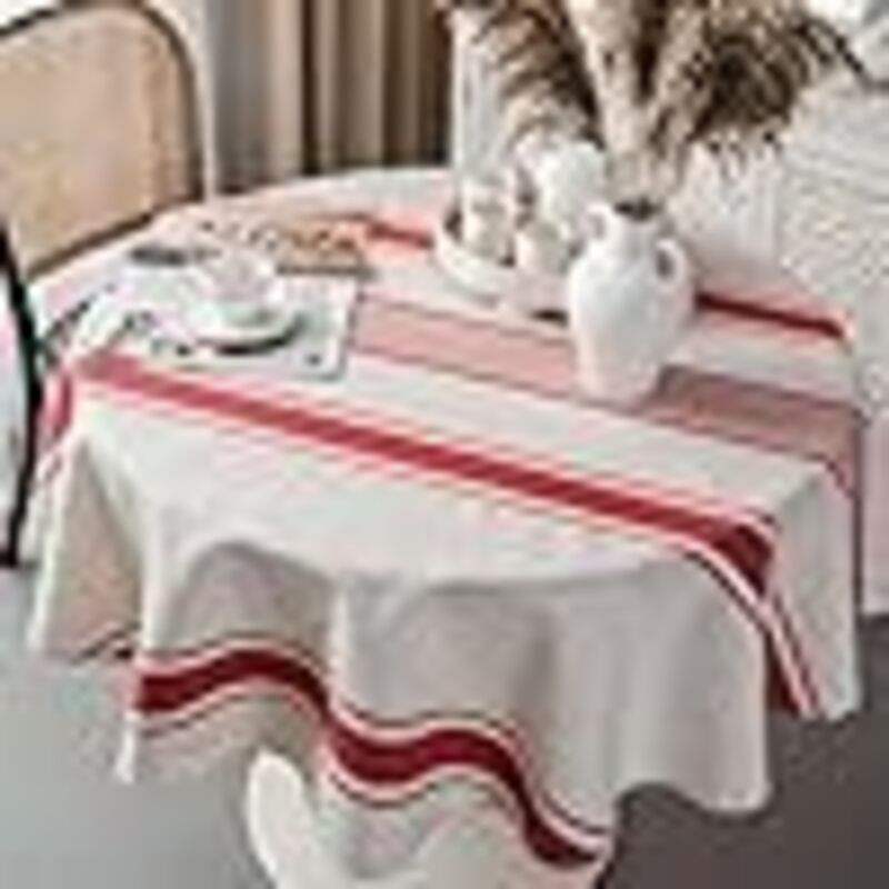 RHG Nappe vintage française rayée rouge en coton et lin, lavable, réutilisable, pour cuisine, salle à manger, décoration de table (ronde, 150 cm)