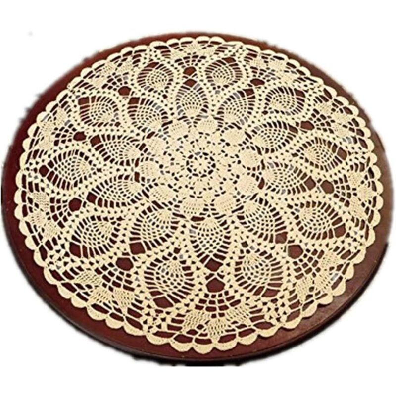 Napperon de table rond en dent de coton fait à la main Beige 60 cm