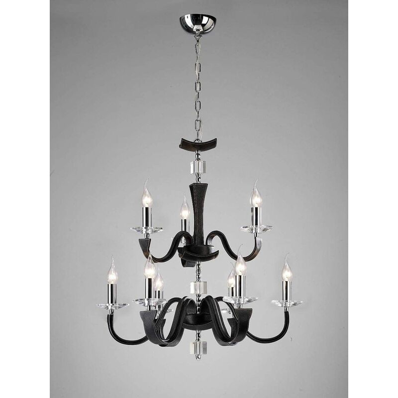 09diyas - Nardini 2 Tier 9 hanging lamp Polished chrome bulbs / Faux black leather / crystal