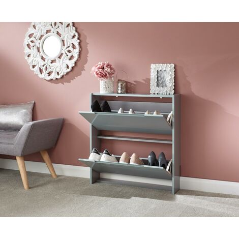 Narrow 2 Tier High Gloss Hallway Shoe Storage Cabinet - Grey