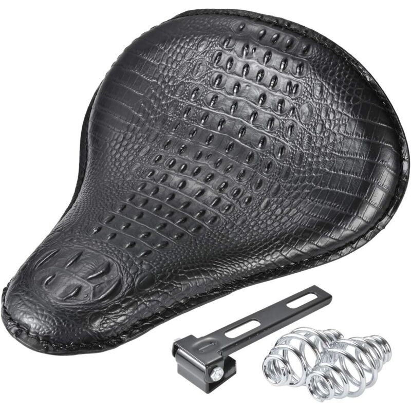 Narrow black motorcycle seat cover made of crocodile-effect leather for most solo-seater Harley Sportster Bobber Chopper Custom models