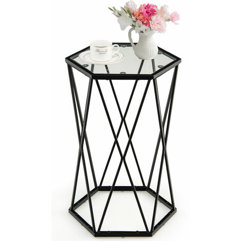 Narrow Coffee Table Hexagonal Side Table Balcony Tempered Glass Top End Table