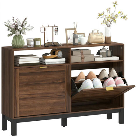 Narrow Shoe Cabinet with 2 Flip Drawers, Modern Shoe Storage Cabinet with Adjustable Shelves for Entryway & Hallway
