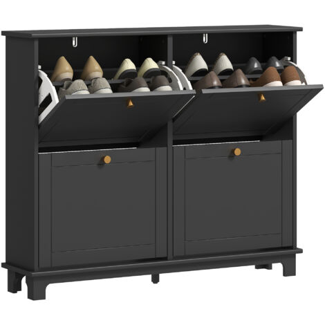 Narrow Shoe Storage Cabinet, Slim Shoe Cabinet with 4 Flip Drawers, Adjustable Shelves for 16 Pairs of Shoes, Black