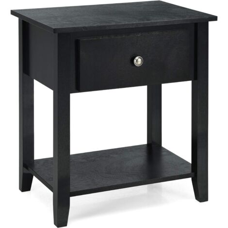 Narrow Side End Table Accent Table with 1 Drawer & Open Storage Shelf & Solid Pine Wood Legs Black
