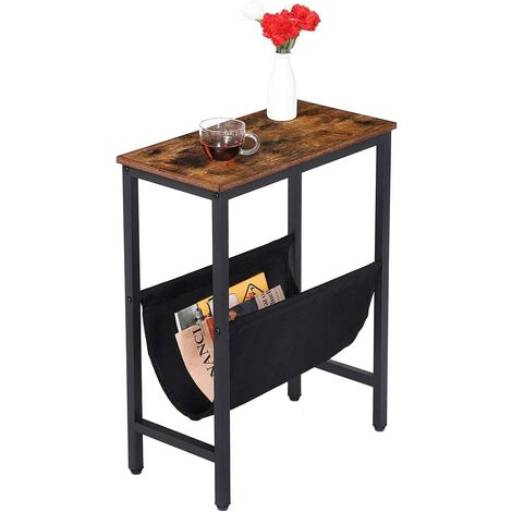 main image of "Narrow Side Table, Slim Bedside Table with Magazine Holder Sling, Skinny Sofa End Table for Small Spaces, Metal Frame, Easy Assembly, Wood Look Accent Furniture, HOOBRO EBF41BZ01 - Rustic Brown"