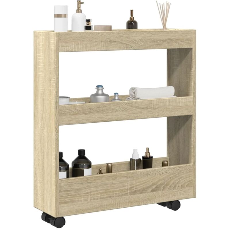 vidaXL Narrow Storage Trolley 3 Tier Sonoma Oak Engineered Wood - Brown, Brown