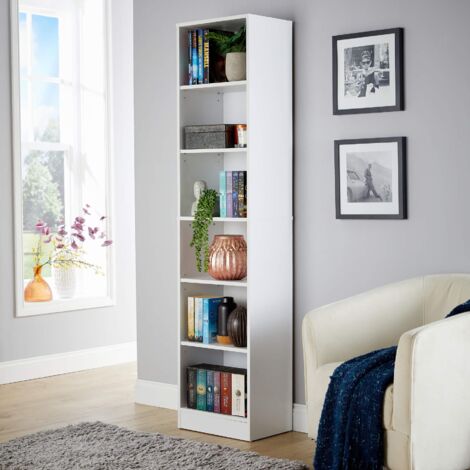 Narrow White Bookcase Display Shelf Compact Storage Unit Living Room Furniture