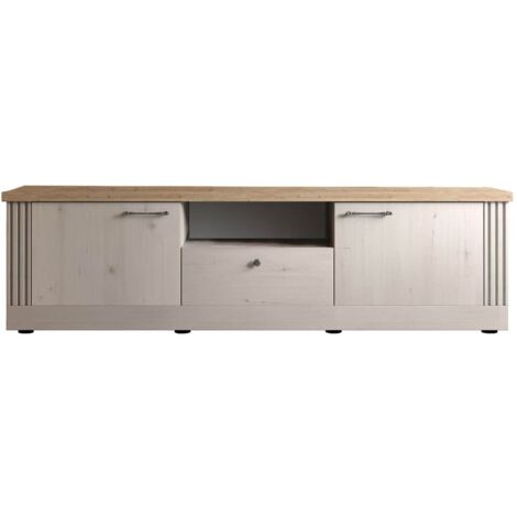 NASHVIL - Meuble TV 3 Portes 1 Niche Aspect Chêne Blanchi et Chêne clair