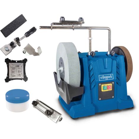 Nass-Schleifsystem Tiger 7000s Scheppach inkl. Homekit  Schleifmaschine 200W Induktionsmotor Schleifstein 250 x 50 mm 220k  Vorrichtung 40/60/70  Abziehpaste  Steinpräparierer  Winkellehre