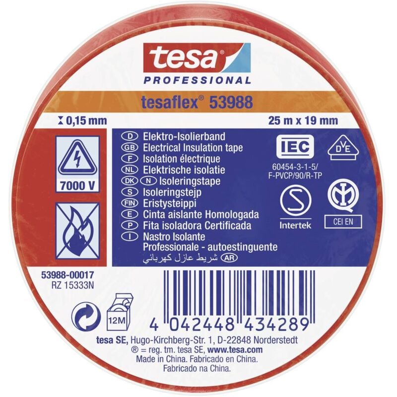 FP - tesa tesaflex iec 53988-00017-00 Nastro isolante Rosso (l x l) 25 m x 19 mm 1 pz.