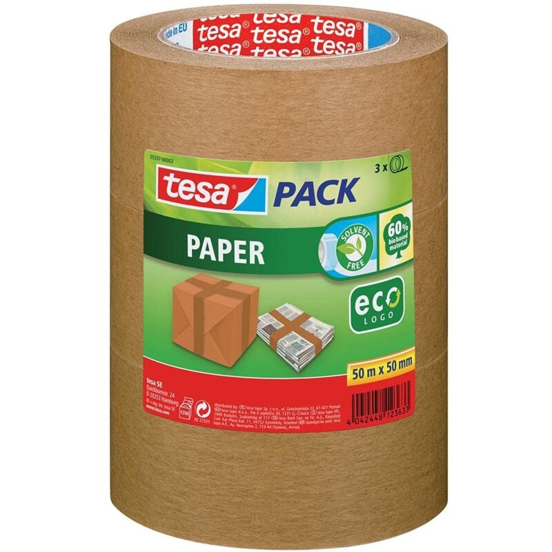 Image of Tesa - pack Carta ecoLogo, Nastro da imballaggio in Carta Ecologica, 60 Prozent di materiale organico, Marrone, 3x 50 m x 50 mm