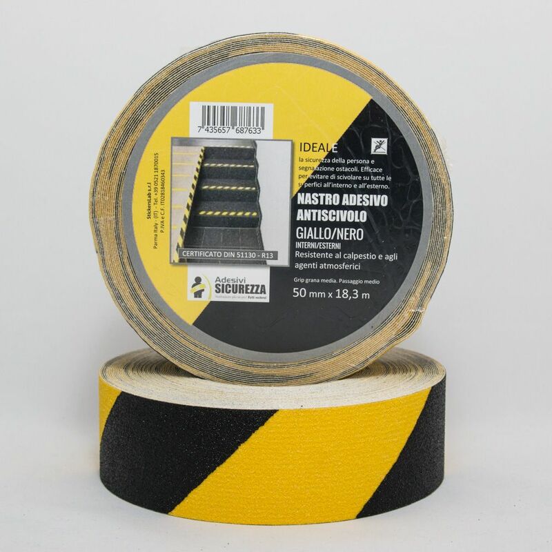 Image of Stickerslab - Nastro antiscivolo adesivo certificato a coste giallo/nero da 50mm Packaging - 50 mm x 18,3 mt ( 1 Rotolo)