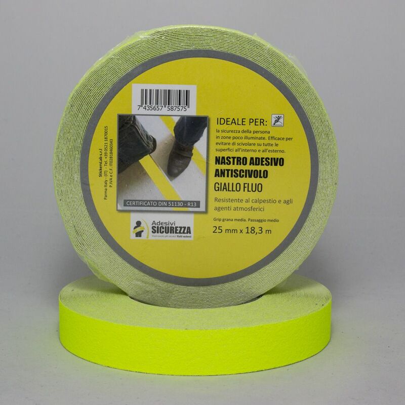 Nastro antiscivolo adesivo certificato fluorescente giallo in varie misure Packaging - 25 mm x 18,3 mt ( 1 Rotolo)