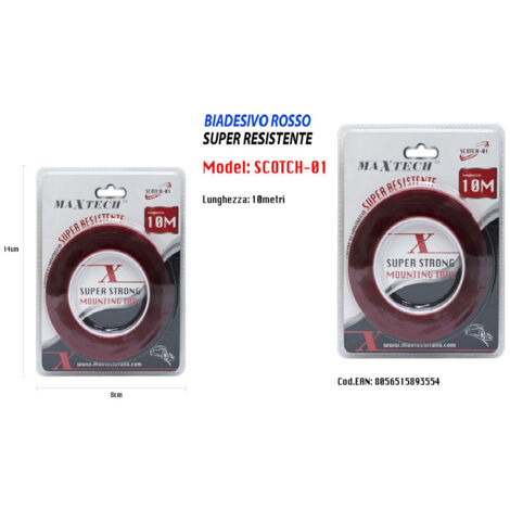 Nastro Biadesivo Rosso Super Resistente Adesivo 10mt Fissaggio Maxtech